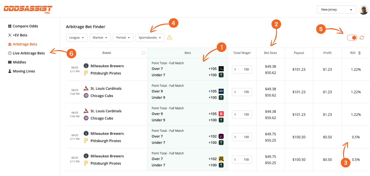 Arbitrage bet finder tool interface