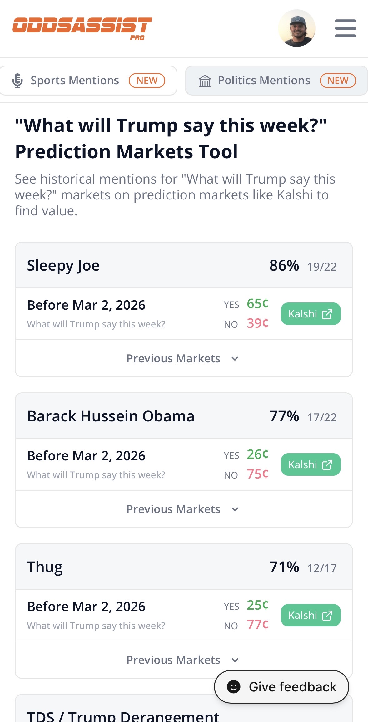 Politics Mentions tool on mobile
