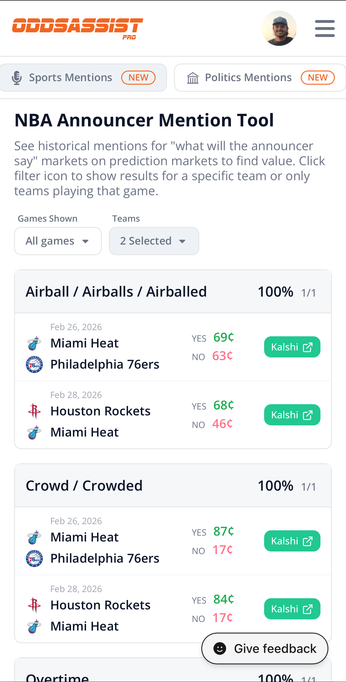 Sports Mentions tool on mobile
