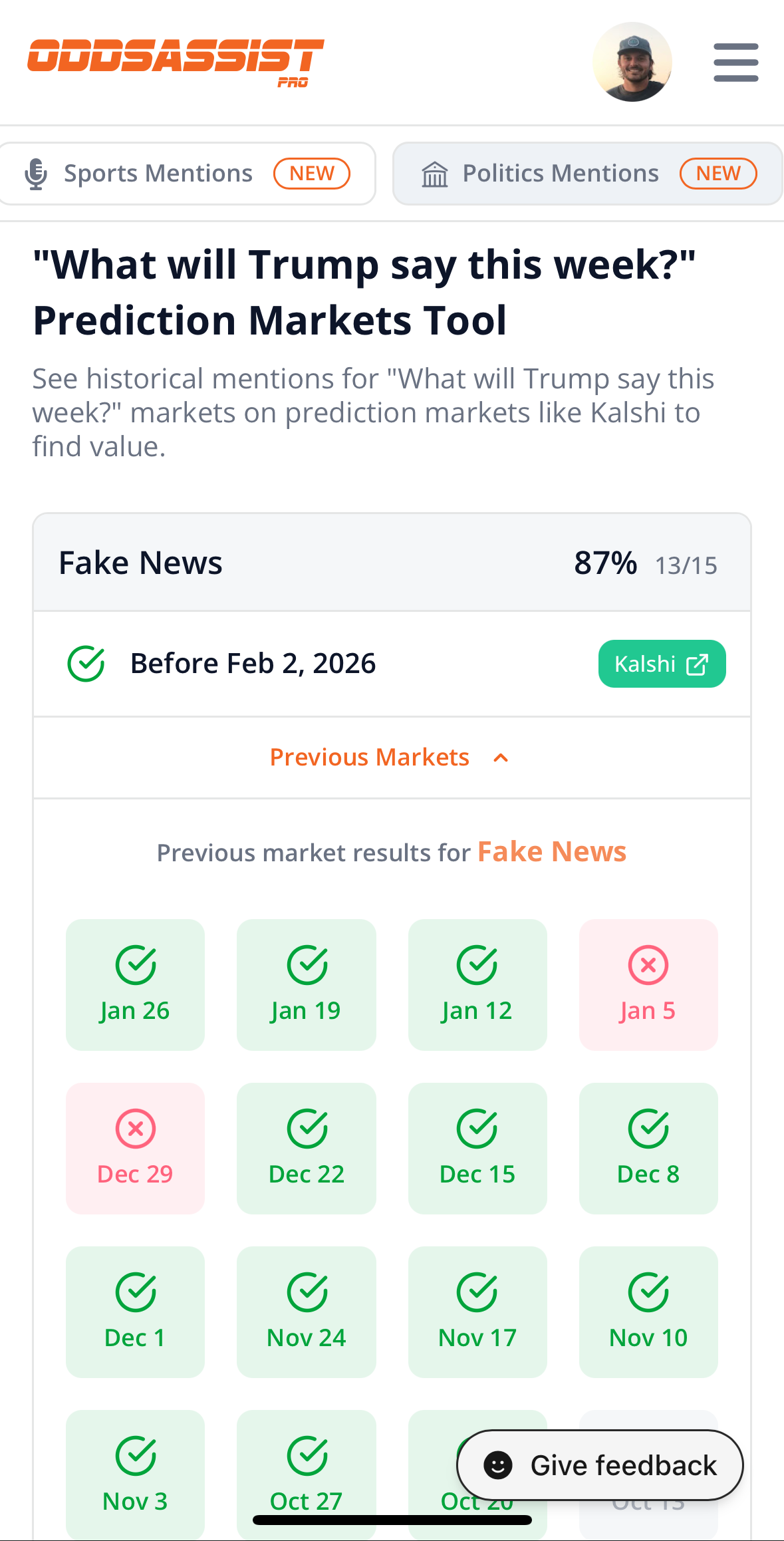 Politics Mentions Tracker - Mobile View showing historical mention counts and market prices