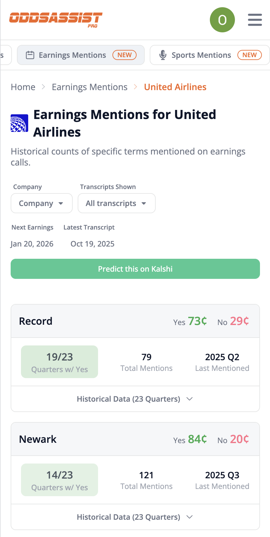 Earnings Mentions Tracker - Mobile View showing historical mention counts and market prices
