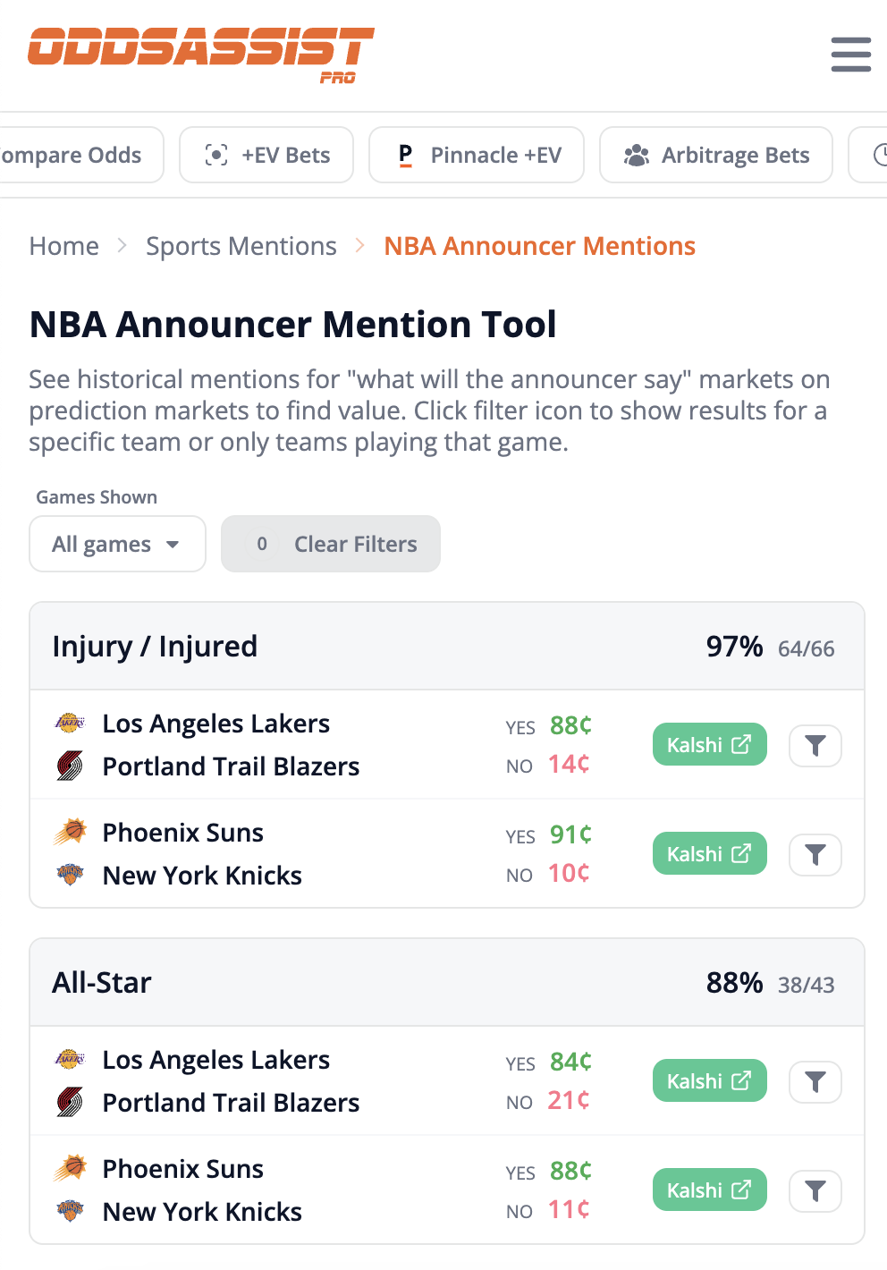 Sports Mentions Tool - Mobile View showing historical mention counts and filter options